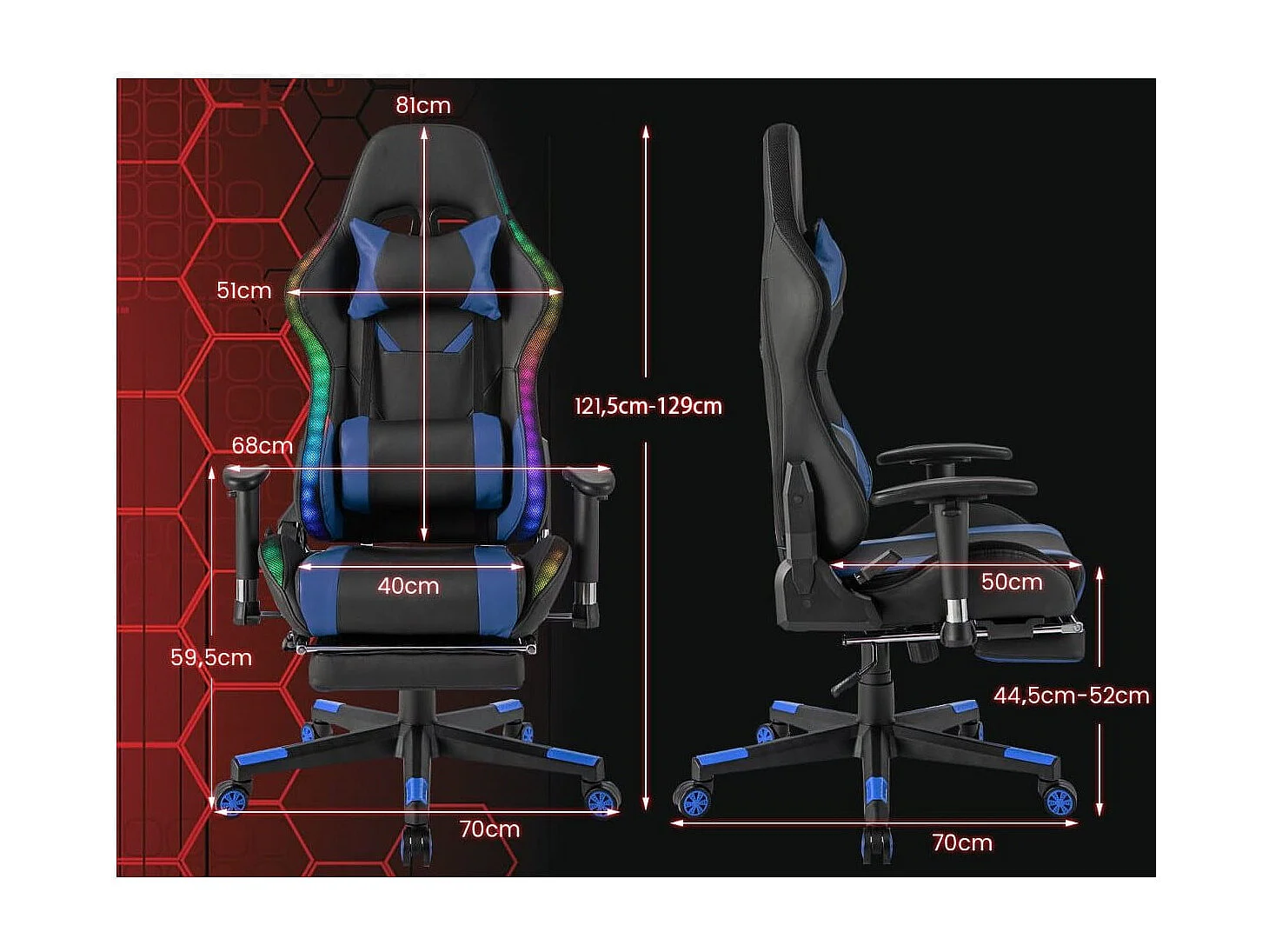 Gaming Stuhl mit RGB-LED-Leuchten & Einziehbarer Fußstütze Ergonomischer Bürostuhl Blau