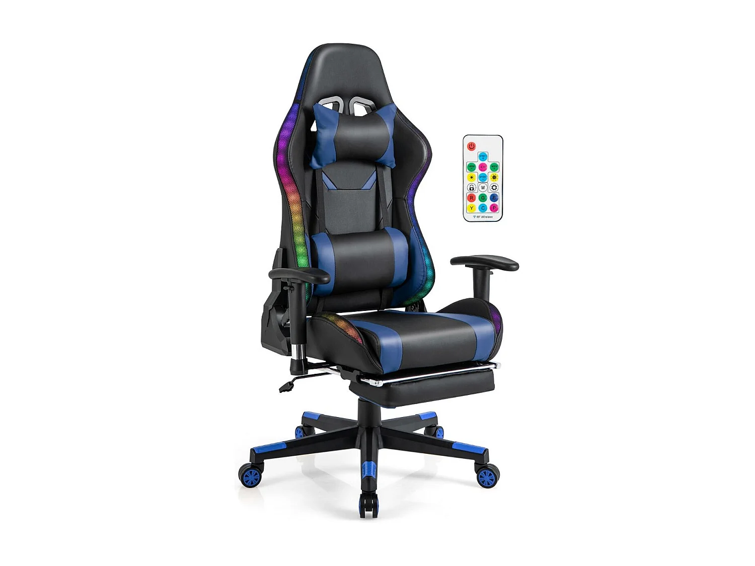 Gaming Stuhl mit RGB-LED-Leuchten & Einziehbarer Fußstütze Ergonomischer Bürostuhl Blau