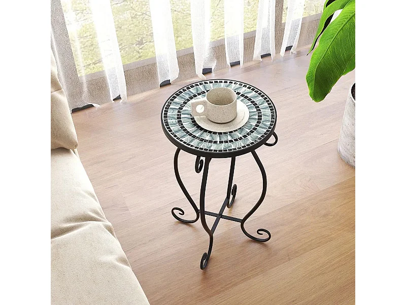 Table d'Appoint Ronde de Jardin avec Plateau Mosaïque en Carreaux de Céramique Table Basse d'Extérieur pour Balcon Piscine Noir
