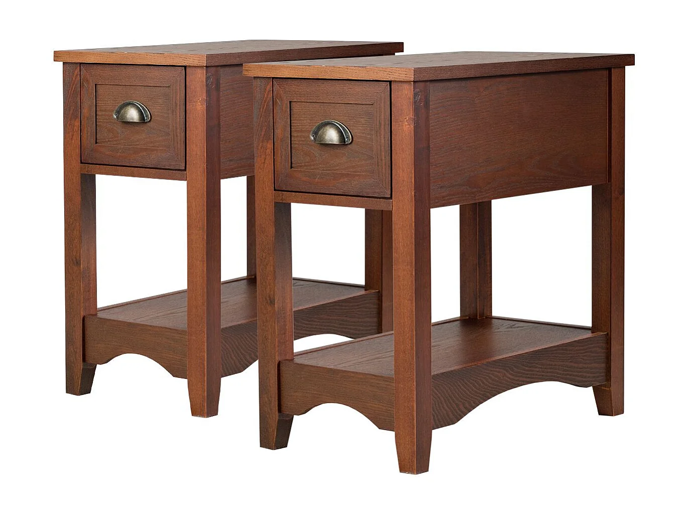 Set 2 tavolino da divano con 1 cassetto e 1 ripiano, Comodini rettangolari in legno massello da soggiorno Noce