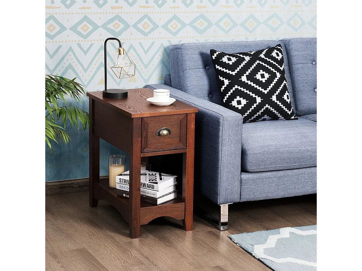 Set 2 tavolino da divano con 1 cassetto e 1 ripiano, Comodini rettangolari in legno massello da soggiorno Noce