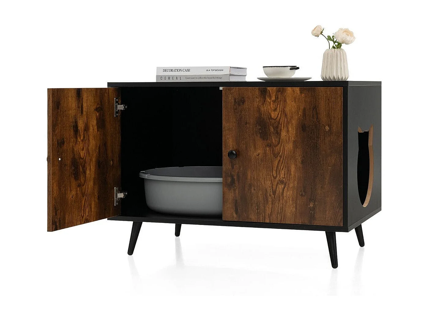 Katzenschrank Katzentoilette Katzenhaus mit Doppeltüren & Eingang 80 x 50 x 57 cm Schwarz + Natur