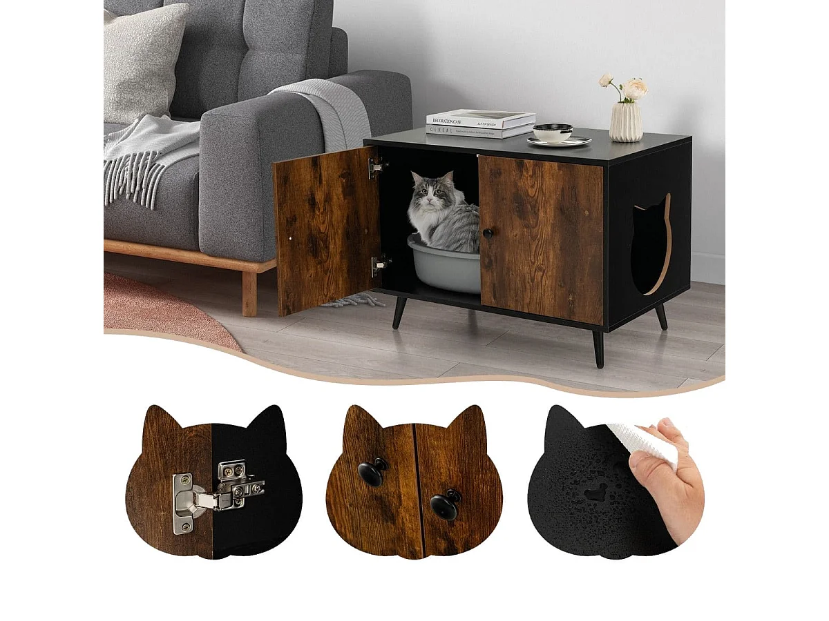 Katzenschrank Katzentoilette Katzenhaus mit Doppeltüren & Eingang 80 x 50 x 57 cm Schwarz + Natur