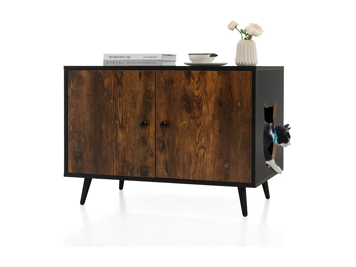 Maison de Toilette pour Chat à Double Portes 80x50x57 CM Meuble/Bac à Litière industriel avec Pieds de Support en Métal