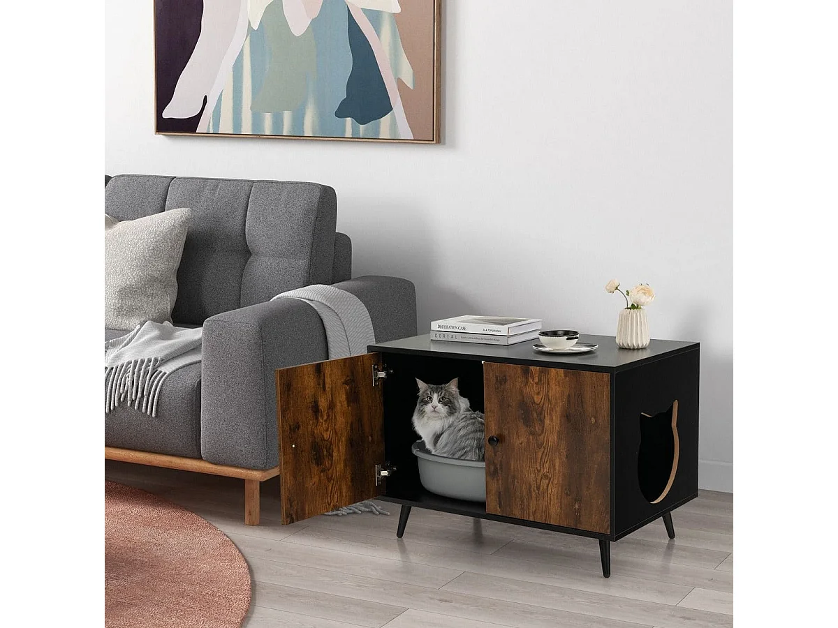 Maison de Toilette pour Chat à Double Portes 80x50x57 CM Meuble/Bac à Litière industriel avec Pieds de Support en Métal