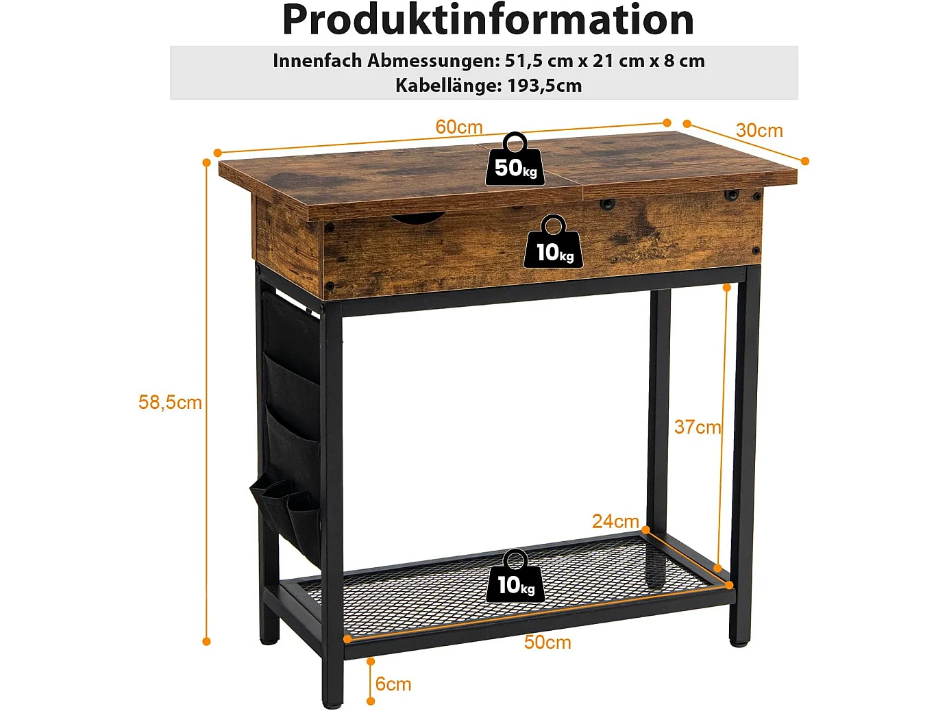 Beistelltisch Steckdosen+USB-Anschlüssen