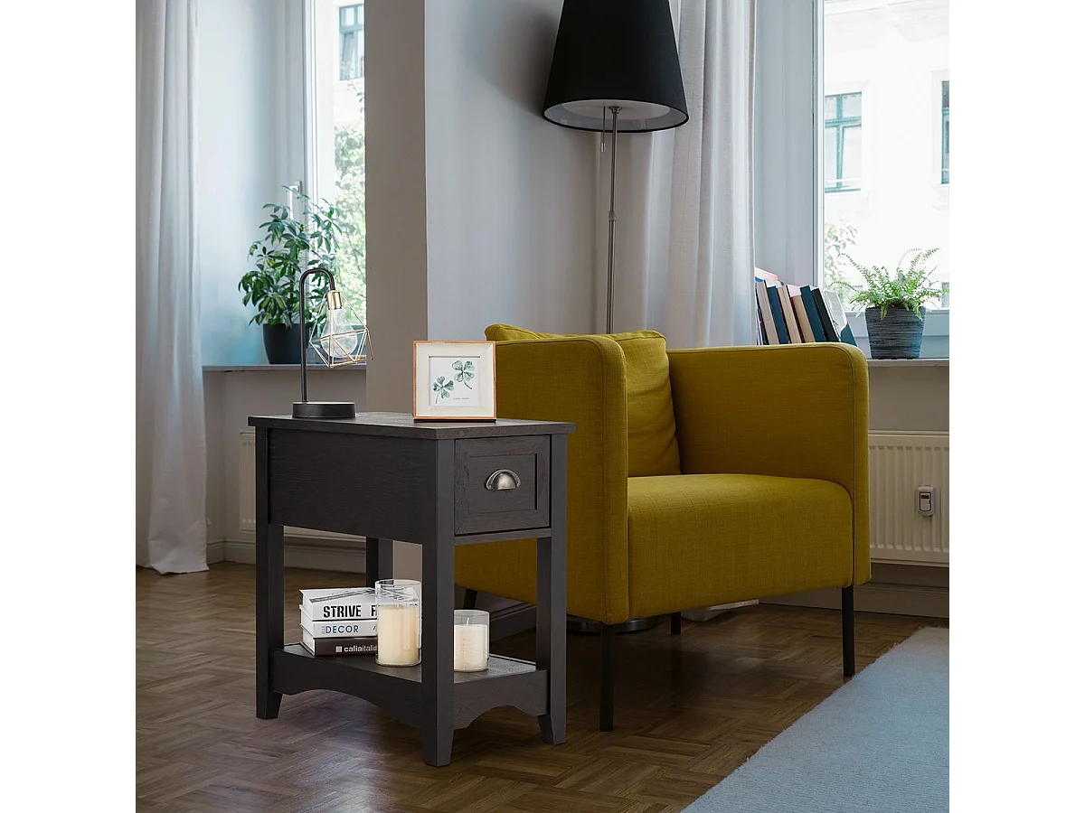 Table d'Appoint, Table de Chevet avec Tiroir Pieds en Bois d'Hévéa Bout de Canapé Rétro pour Chambre Salon 56 x 33 x 58,5 cm Café