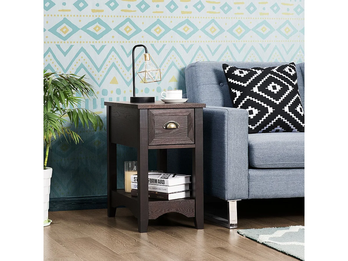 Table d'Appoint, Table de Chevet avec Tiroir Pieds en Bois d'Hévéa Bout de Canapé Rétro pour Chambre Salon 56 x 33 x 58,5 cm Café