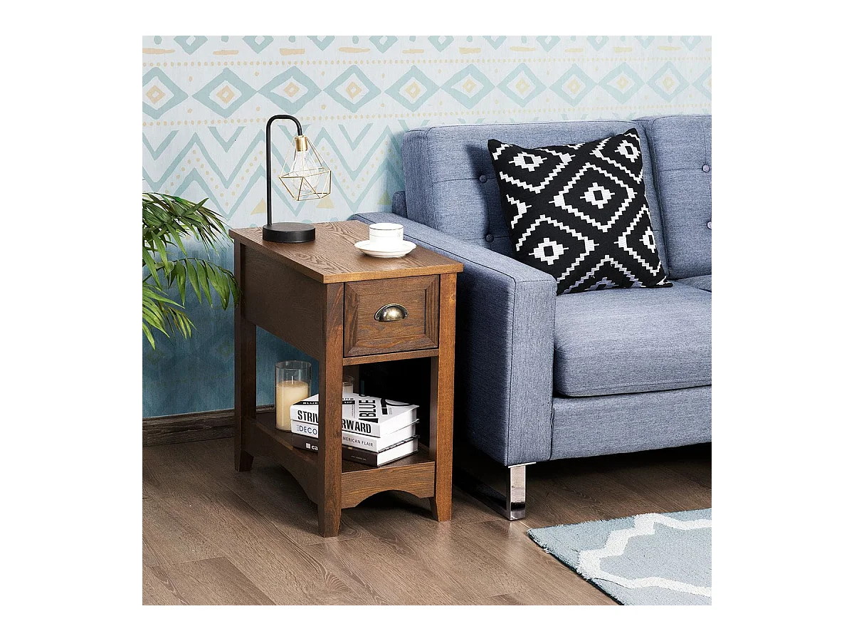 Retro Beistelltisch mit Schublade & Ablage Gummiholzbeine für Wohnzimmer & Schlafzimmer Gelbbraun