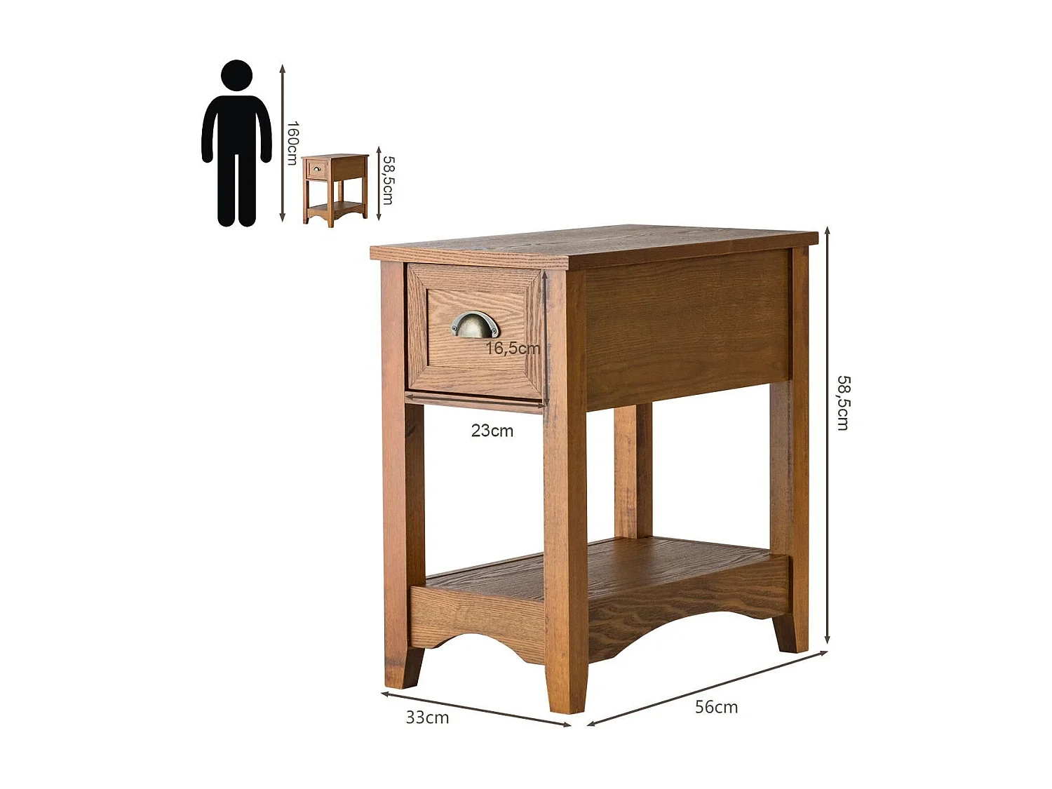 Table d'Appoint Table de Chevet avec Tiroir Pieds en Bois d'Hévéa Bout de Canapé Rétro pour Chambre Salon 56 x 33 x 58,5 cm Bronzé