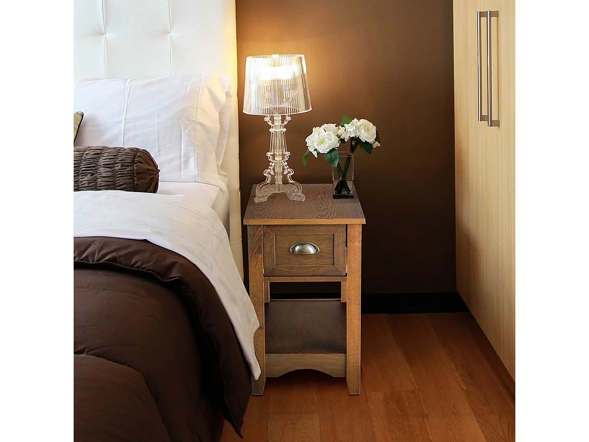 Table d'Appoint Table de Chevet avec Tiroir Pieds en Bois d'Hévéa Bout de Canapé Rétro pour Chambre Salon 56 x 33 x 58,5 cm Bronzé