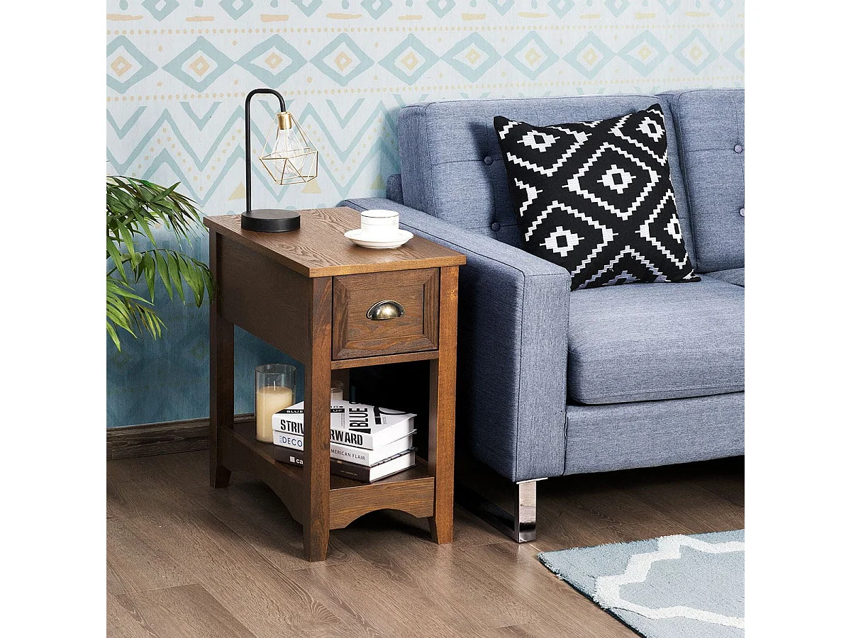 Table d'Appoint Table de Chevet avec Tiroir Pieds en Bois d'Hévéa Bout de Canapé Rétro pour Chambre Salon 56 x 33 x 58,5 cm Bronzé