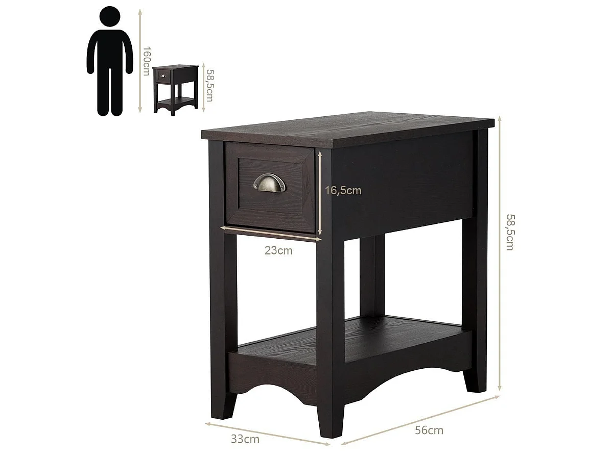 Set 2 tavolino da divano con 1 cassetto e 1 ripiano, Comodini rettangolari in legno massello da soggiorno Marrone scuro
