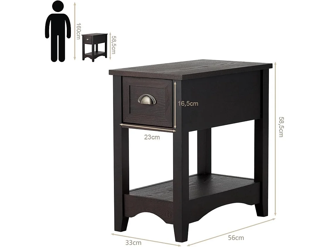 Set 2 tavolino da divano con 1 cassetto e 1 ripiano, Comodini rettangolari in legno massello da soggiorno Marrone scuro