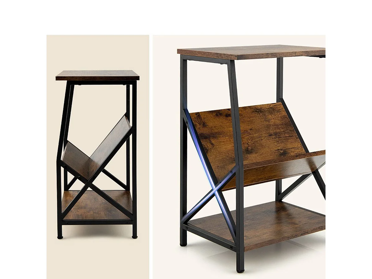 Beistelltisch 3-stufiger mit V-förmigem Zeitschriftenhalter 40 x 30 x 61 cm Rustikales Braun