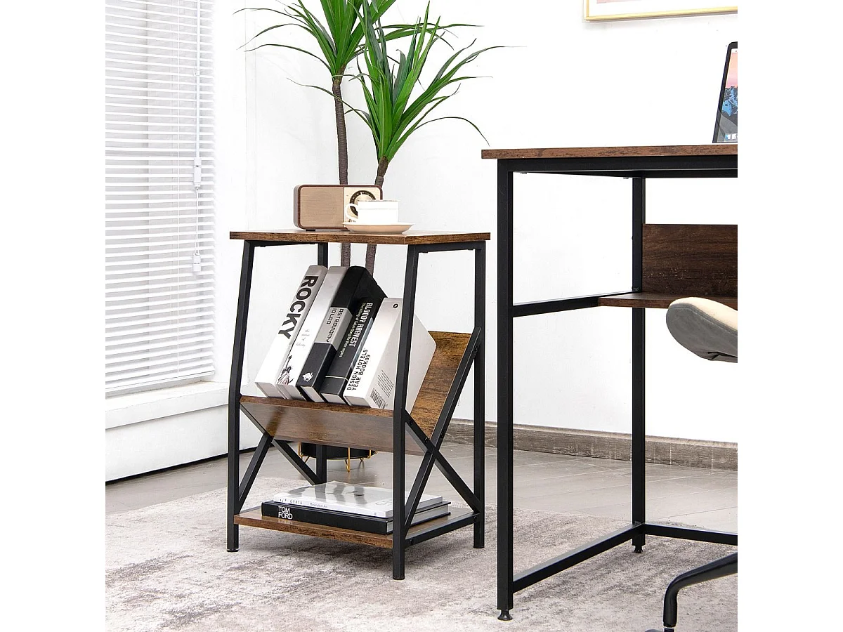 Beistelltisch 3-stufiger mit V-förmigem Zeitschriftenhalter 40 x 30 x 61 cm Rustikales Braun