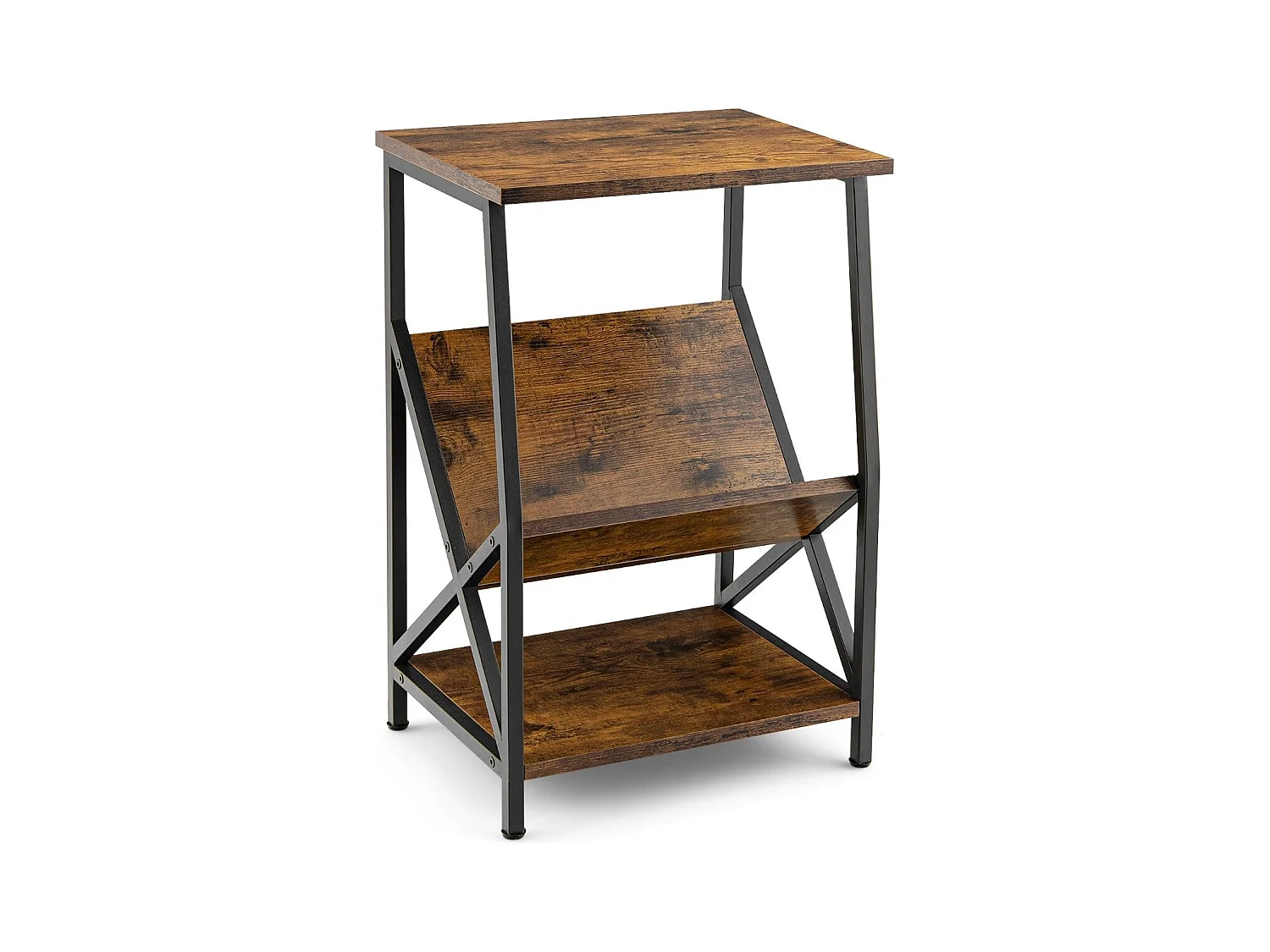 Beistelltisch 3-stufiger mit V-förmigem Zeitschriftenhalter 40 x 30 x 61 cm Rustikales Braun