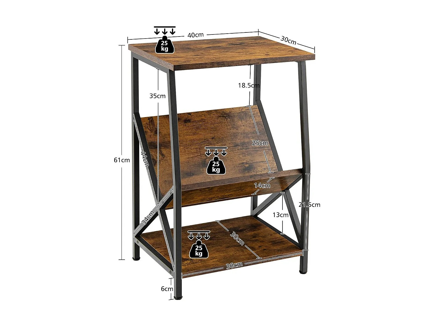 Beistelltisch 3-stufiger mit V-förmigem Zeitschriftenhalter 40 x 30 x 61 cm Rustikales Braun