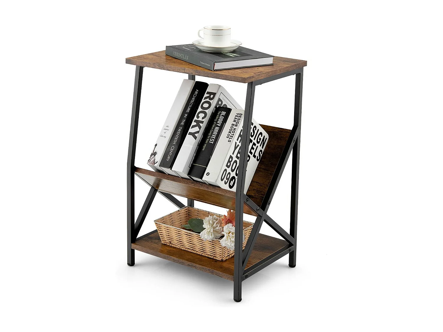 Beistelltisch 3-stufiger mit V-förmigem Zeitschriftenhalter 40 x 30 x 61 cm Rustikales Braun