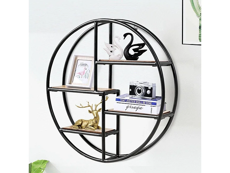 Scaffale rotondo montato al muro, Scaffale decorativo con 4 livelli di legno e metallo,  Nero