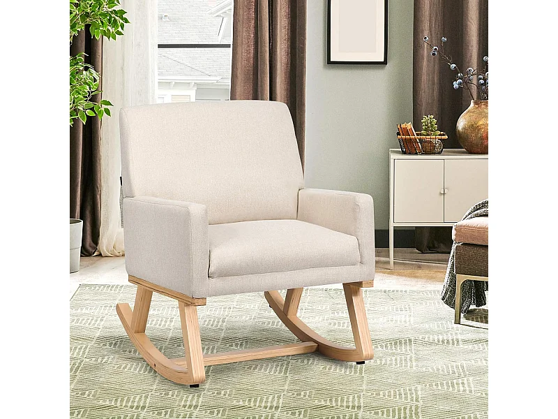 Sedia a dondolo con base in legno massello, Poltrona oscillante imbottita con stile moderna per soggiorno Beige