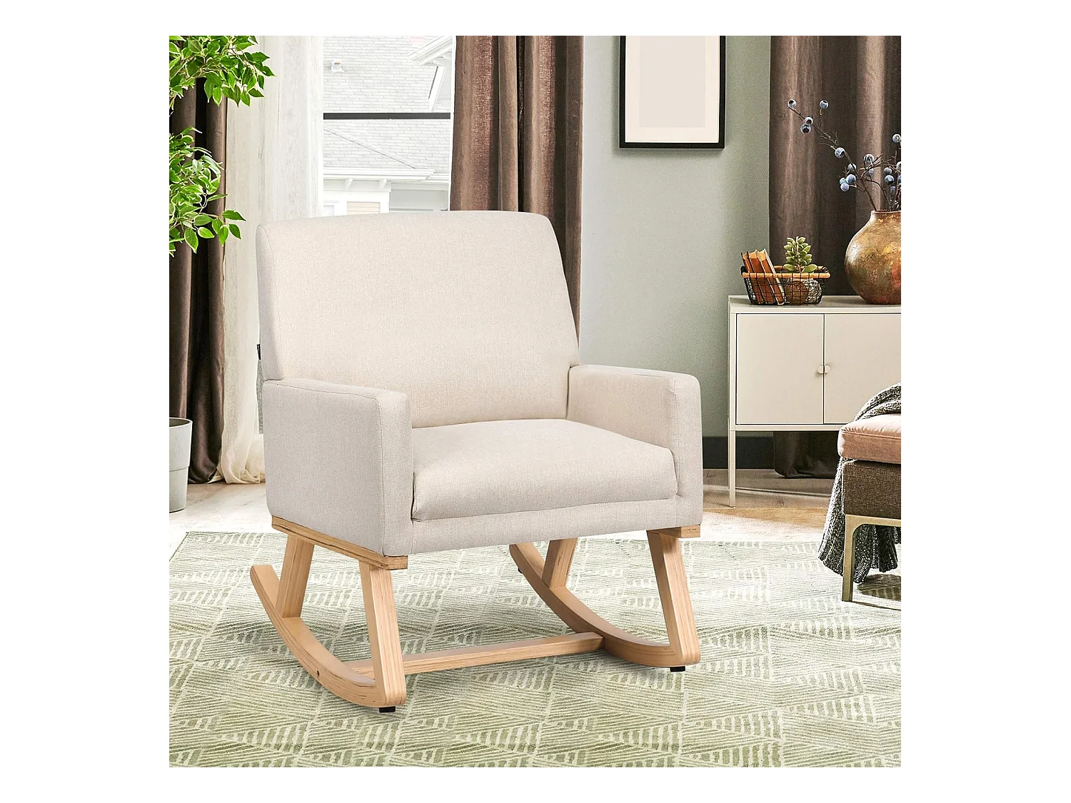 Chaise à Bascule pour Chambre d'Enfant Fauteuil à Bascule Rembourré Base en Bois Massif Fauteuil Inclinable Moderne Beige