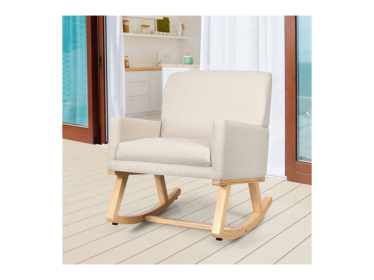 Sedia a dondolo con base in legno massello, Poltrona oscillante imbottita con stile moderna per soggiorno Beige