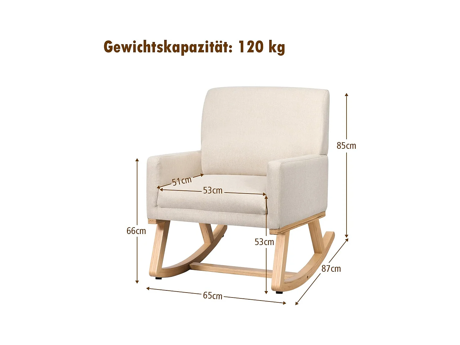 Sedia a dondolo con base in legno massello, Poltrona oscillante imbottita con stile moderna per soggiorno Beige