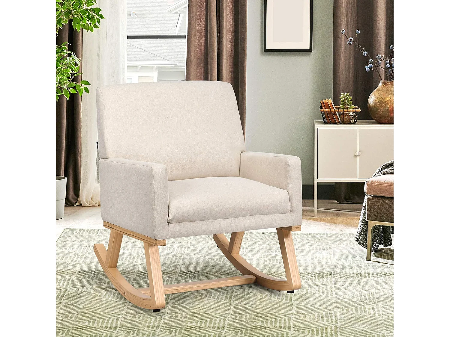 Gepolsterter Schaukelsessel aus Massivholz Schaukelstuhl Schwingsessel Relaxstuhl Beige