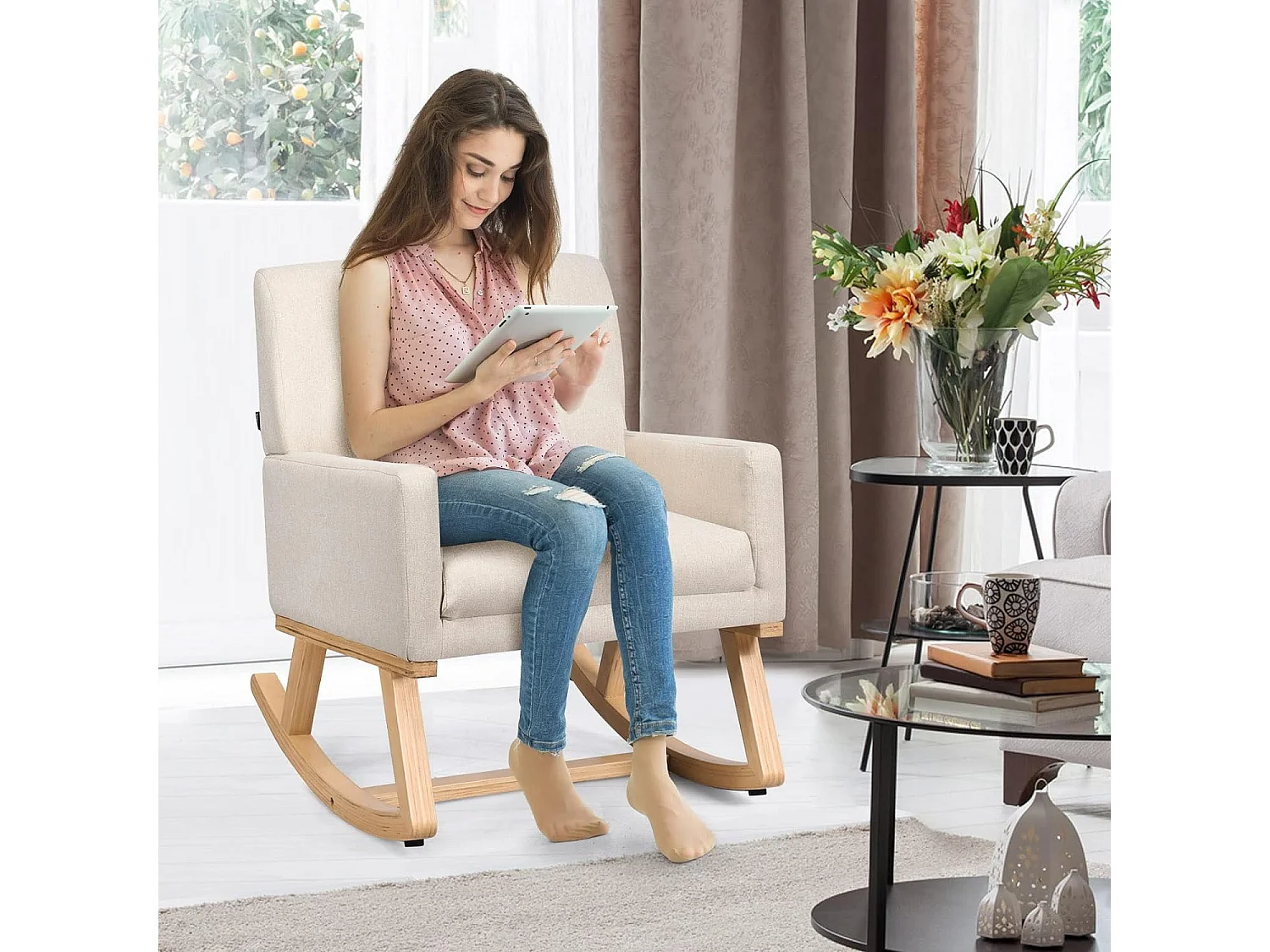 Gepolsterter Schaukelsessel aus Massivholz Schaukelstuhl Schwingsessel Relaxstuhl Beige