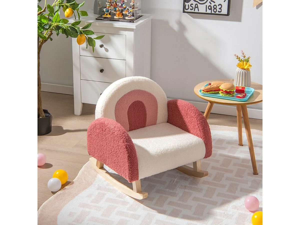 Kinderschaukelstuhl Teddy-Plüsch-Sessel mit Schaukelbeinen aus Pappelholz Rot