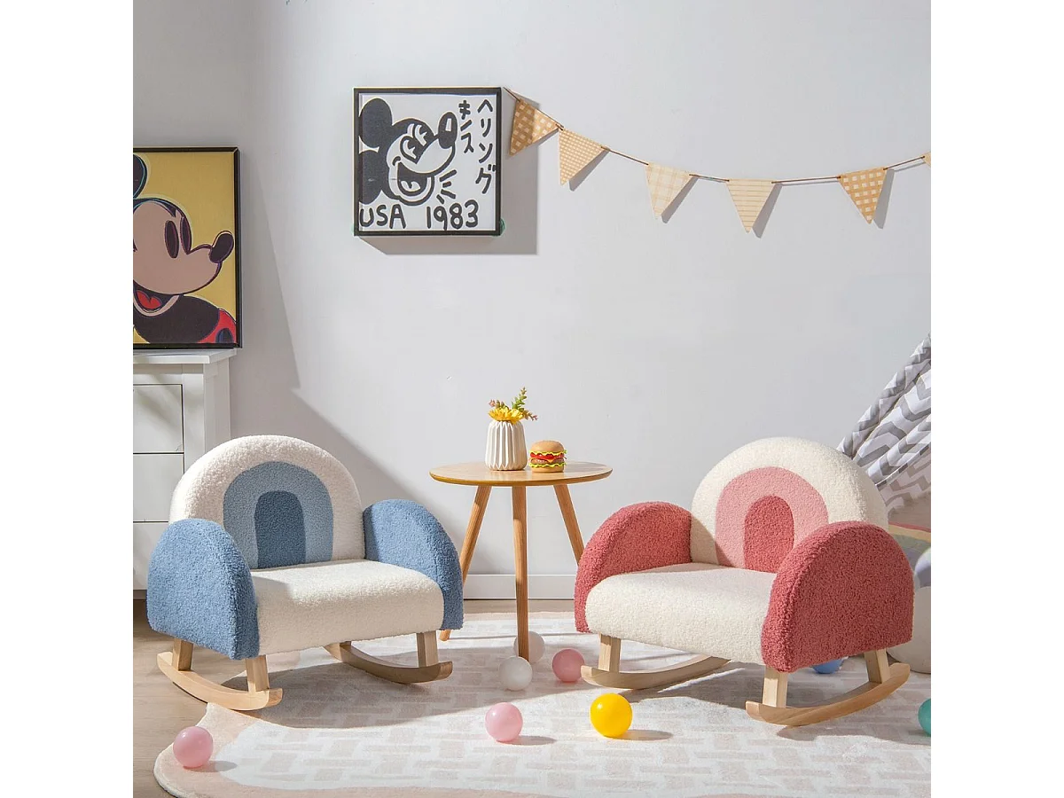 Kinderschaukelstuhl Teddy-Plüsch-Sessel mit Schaukelbeinen aus Pappelholz Rot