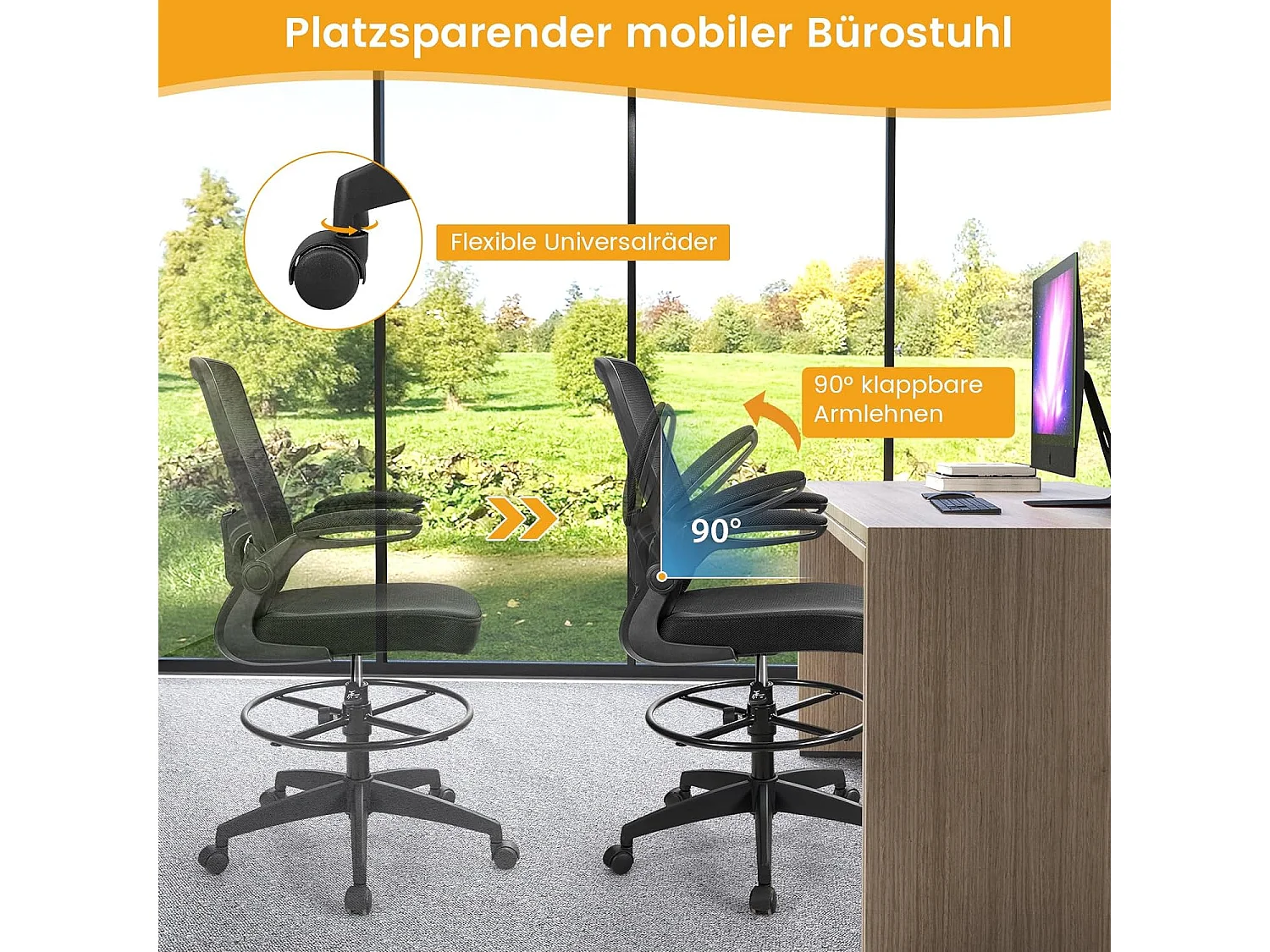 Bürostuhl mit hochklappbaren Armlehnen