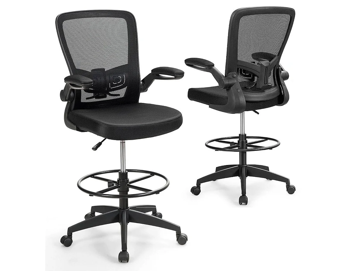 Chaise de Bureau Ergonomique en Maille avec Roulettes Accoudoirs Rabattables Anneau Repose-Pieds Réglable en Hauteur Cadre en Métal Solide Charge 120 kg
