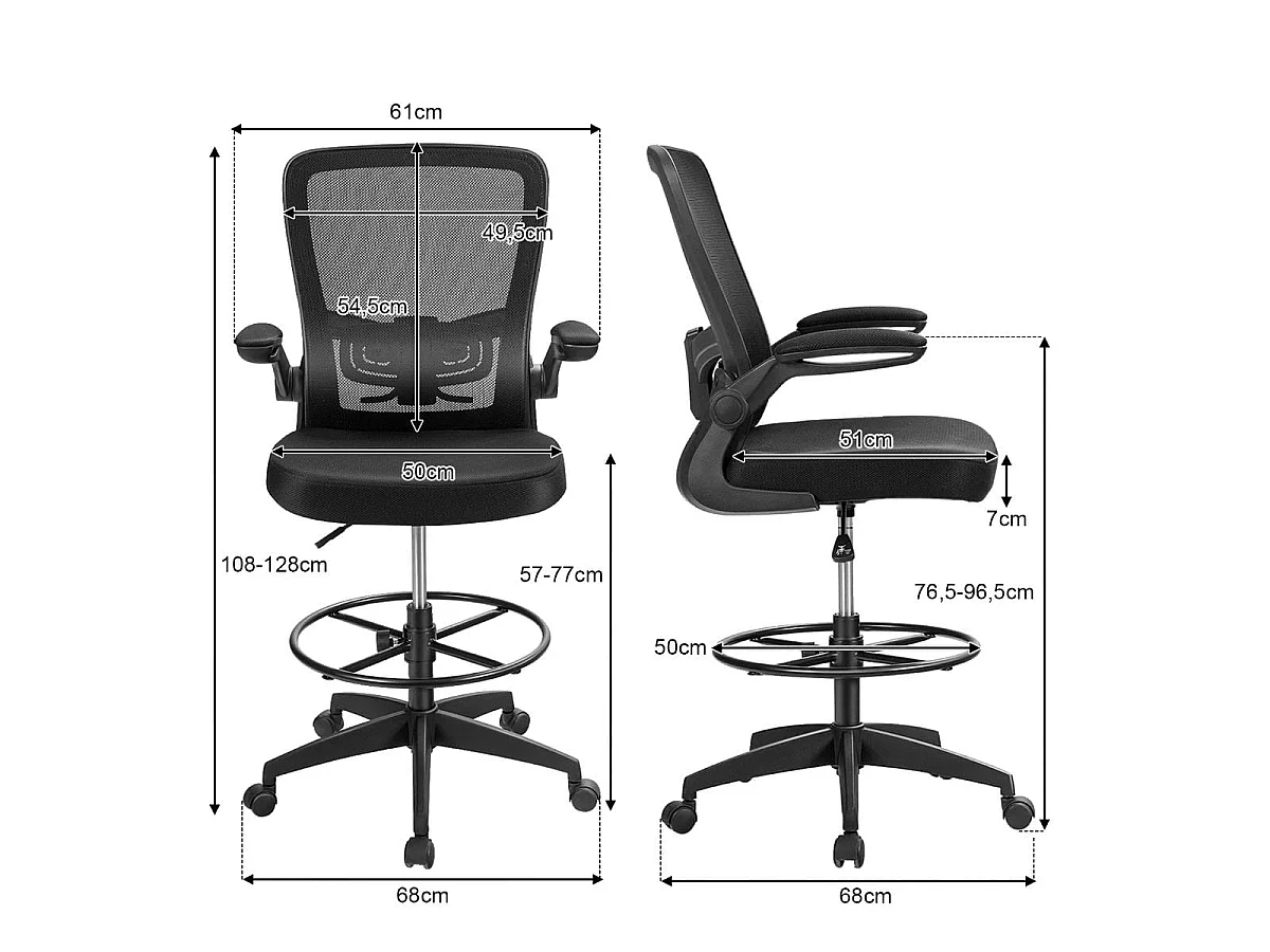 Chaise de Bureau Ergonomique en Maille avec Roulettes Accoudoirs Rabattables Anneau Repose-Pieds Réglable en Hauteur Cadre en Métal Solide Charge 120 kg