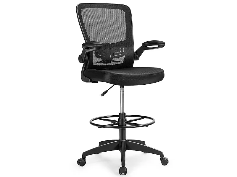 Chaise de Bureau Ergonomique en Maille avec Roulettes Accoudoirs Rabattables Anneau Repose-Pieds Réglable en Hauteur Cadre en Métal Solide Charge 120 kg
