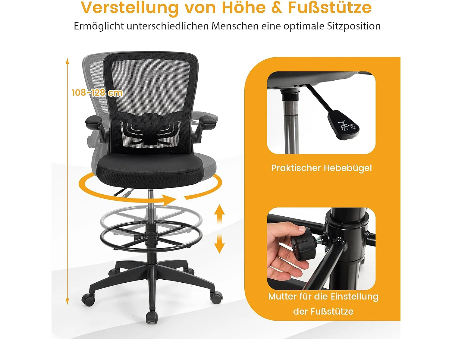 Chaise de Bureau Ergonomique en Maille avec Roulettes Accoudoirs Rabattables Anneau Repose-Pieds Réglable en Hauteur Cadre en Métal Solide Charge 120 kg
