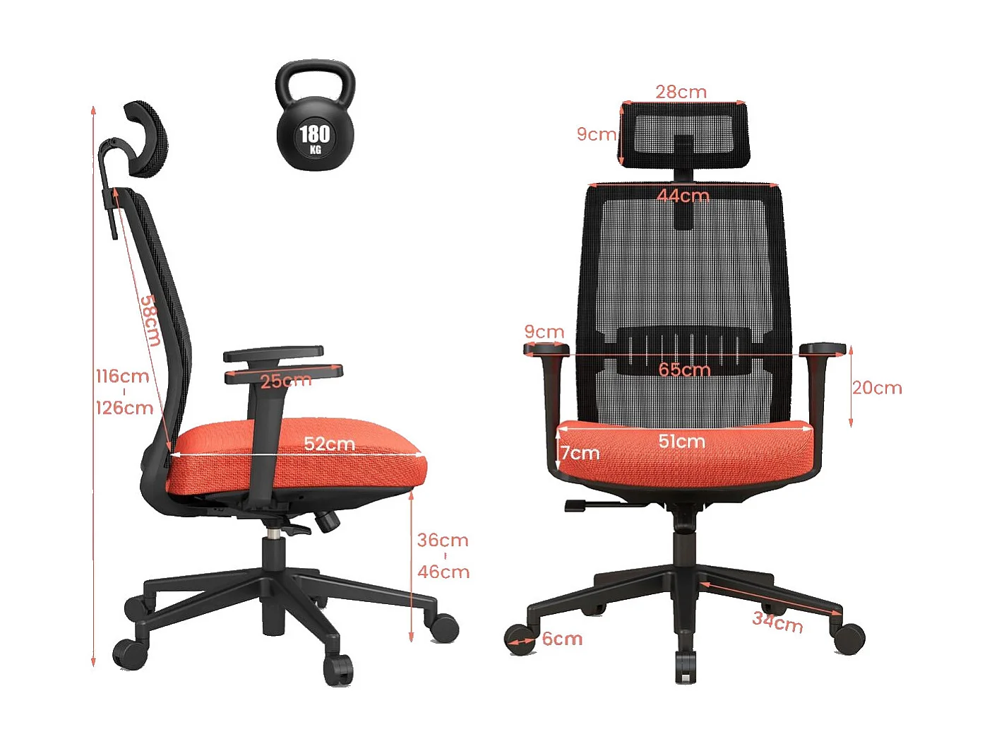 Sedia da ufficio regolabile in altezza con poggiatesta comfortevole, Sedia ergonomica con schienale traspirante Nero