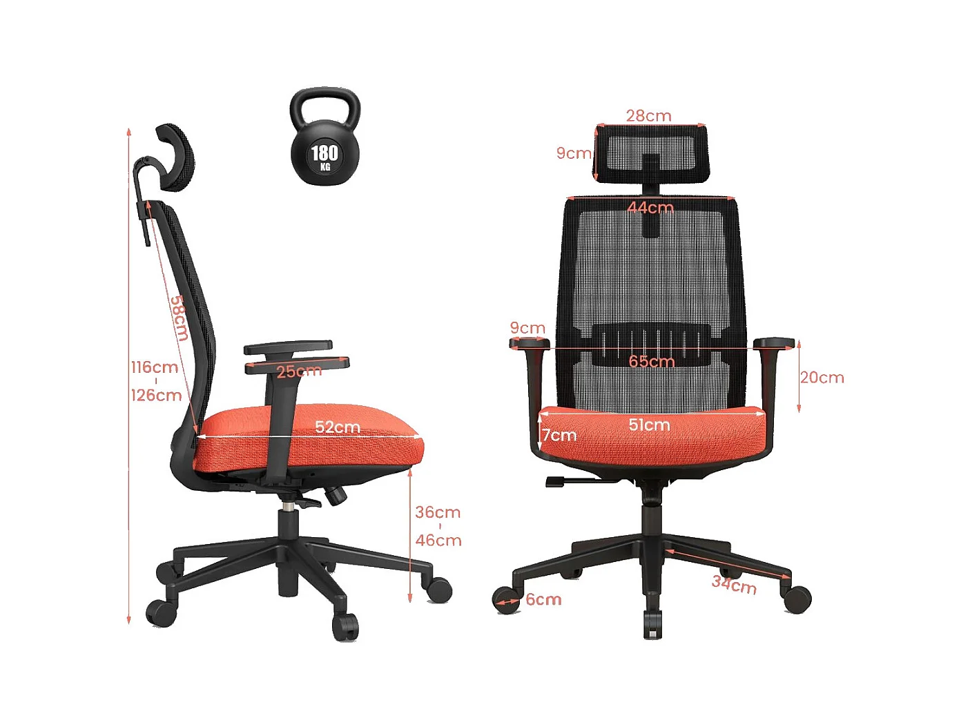 Chaise de Bureau Ergonomique Réglable en Hauteur Noir Orange
