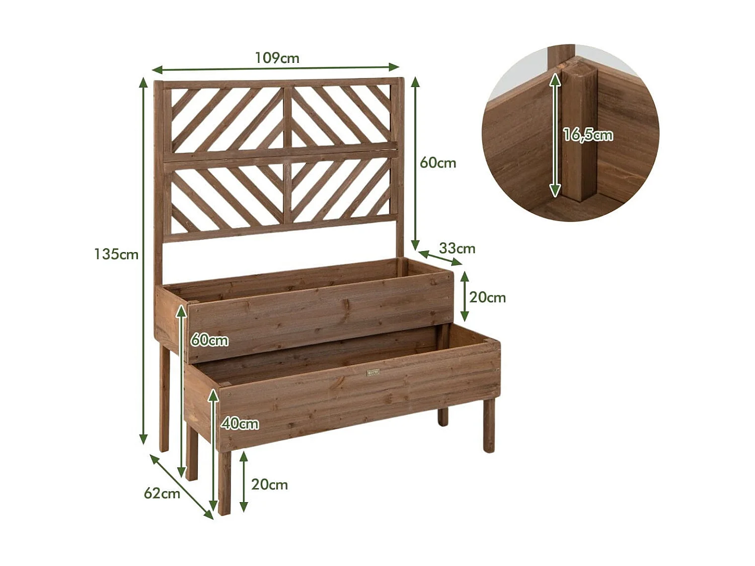 2-Schicht Gartenbett mit Spalier Holzerhöhter Pflanzenkasten mit Beinen Drainageloch Pflanzbehälter Braun