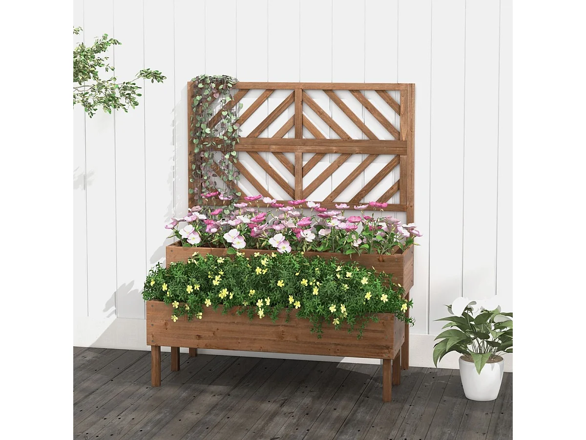 2-Schicht Gartenbett mit Spalier Holzerhöhter Pflanzenkasten mit Beinen Drainageloch Pflanzbehälter Braun