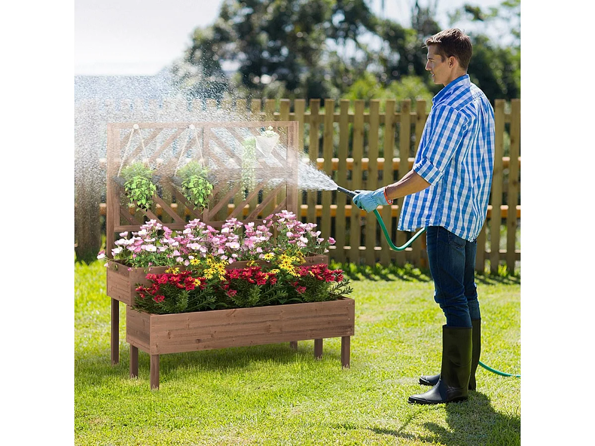 2-Schicht Gartenbett mit Spalier Holzerhöhter Pflanzenkasten mit Beinen Drainageloch Pflanzbehälter Braun