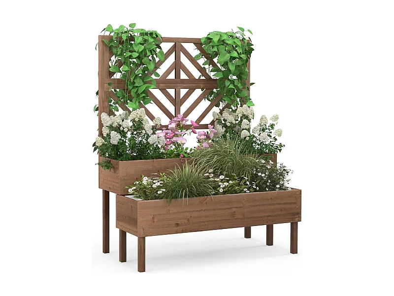 2-Schicht Gartenbett mit Spalier Holzerhöhter Pflanzenkasten mit Beinen Drainageloch Pflanzbehälter Braun