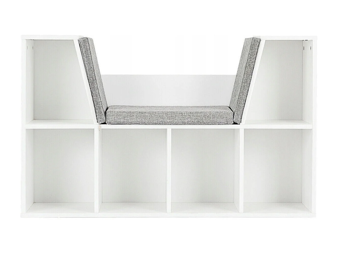 Kinder-Aufbewahrungsregal mit gepolsterten Kissen und 7 Fächern, Schuhbank aus weißem Holz 102x30x63cm