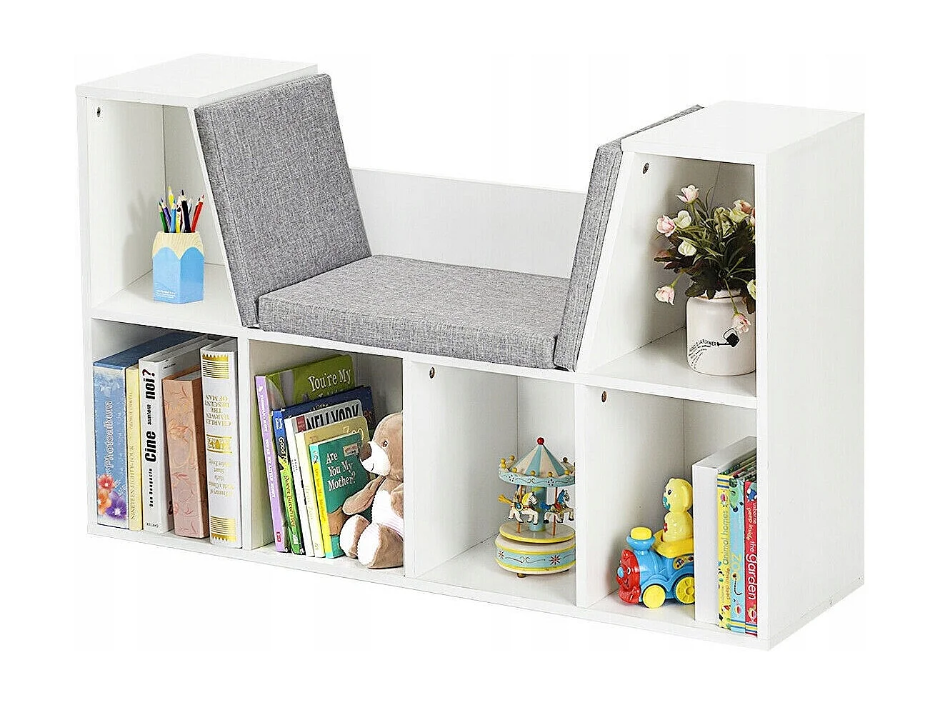 Kinder-Aufbewahrungsregal mit gepolsterten Kissen und 7 Fächern, Schuhbank aus weißem Holz 102x30x63cm