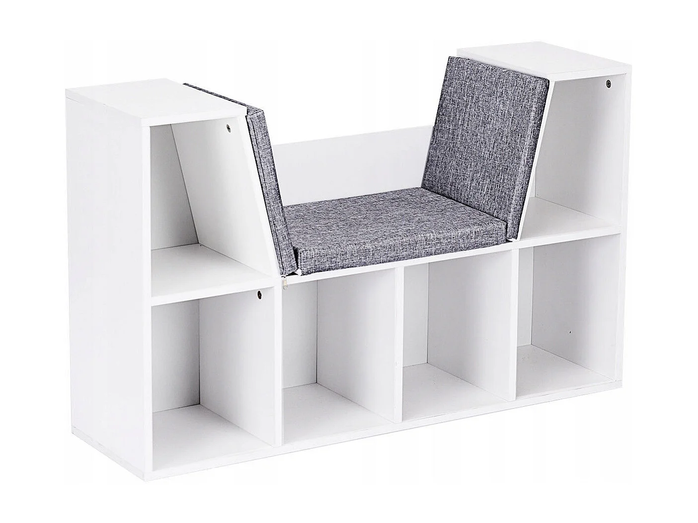 Kinder-Aufbewahrungsregal mit gepolsterten Kissen und 7 Fächern, Schuhbank aus weißem Holz 102x30x63cm