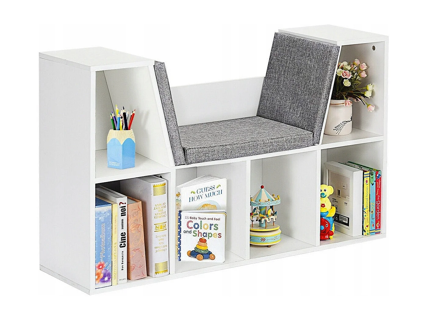 Kinder-Aufbewahrungsregal mit gepolsterten Kissen und 7 Fächern, Schuhbank aus weißem Holz 102x30x63cm