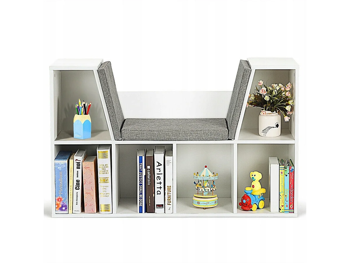 Kinder-Aufbewahrungsregal mit gepolsterten Kissen und 7 Fächern, Schuhbank aus weißem Holz 102x30x63cm