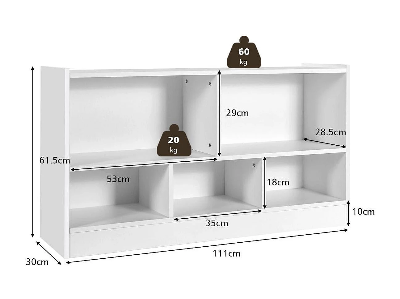 Kinder Spielzeugschrank aus Holz Kinderregal Bücherregal 111 x 30 x 61,5 cm Weiß