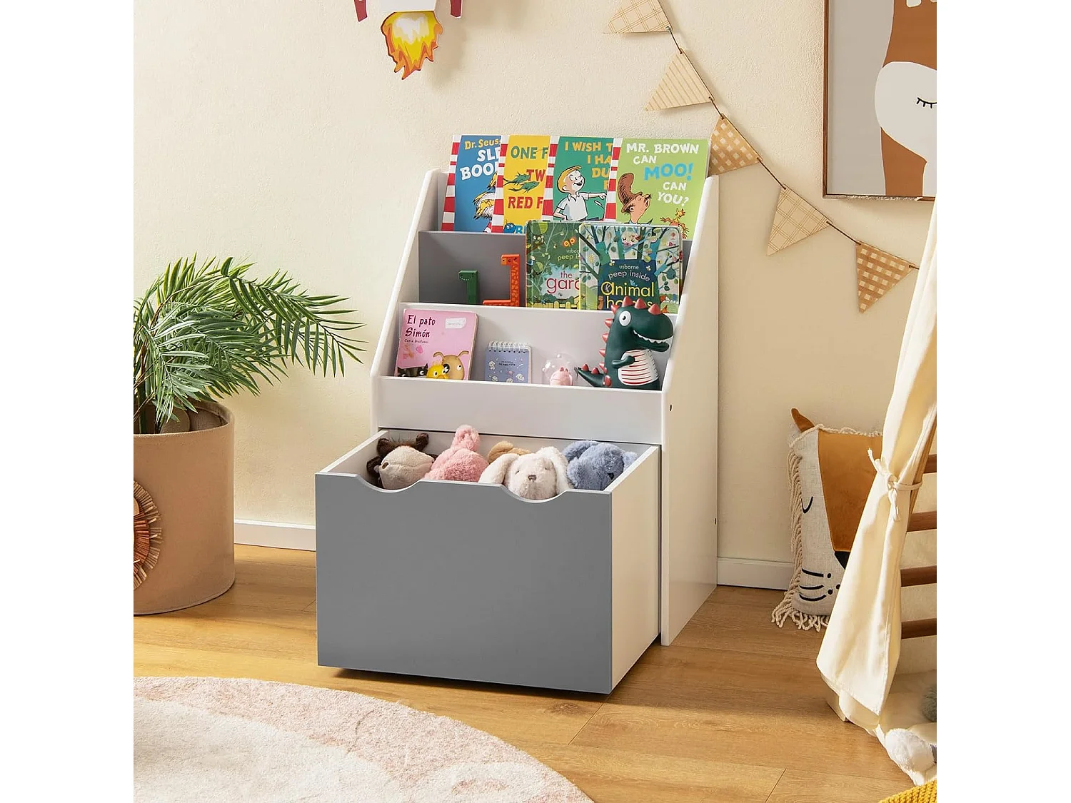 Kinderregal mit rollender Spielzeugkiste